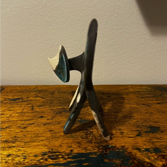 Raku Pottery Cat Sculpture in Teal and Cream - Picture 3 of 7